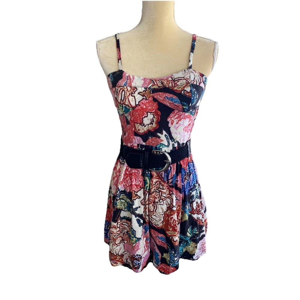 Love Reign Floral Dress Womens Small Belted Spaghetti Strap Smocked Back Rayon